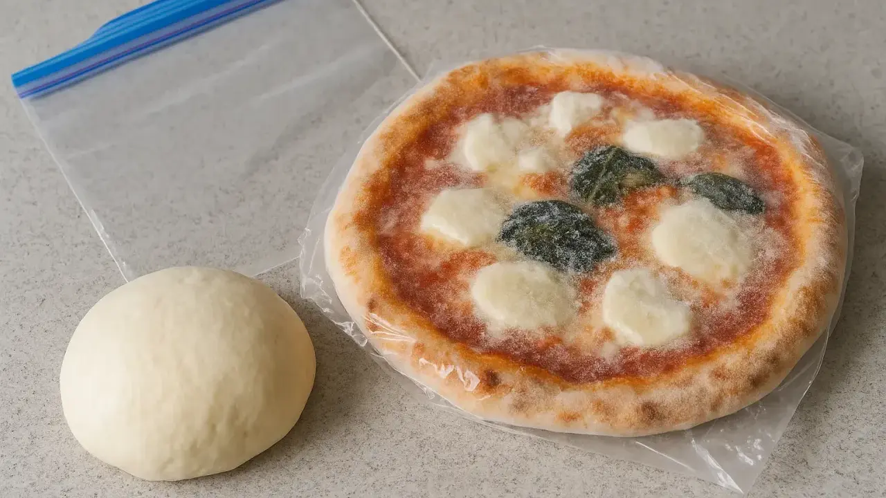 Impasto per pizza e pizza pronta, con sacchetto per conservare le foto.