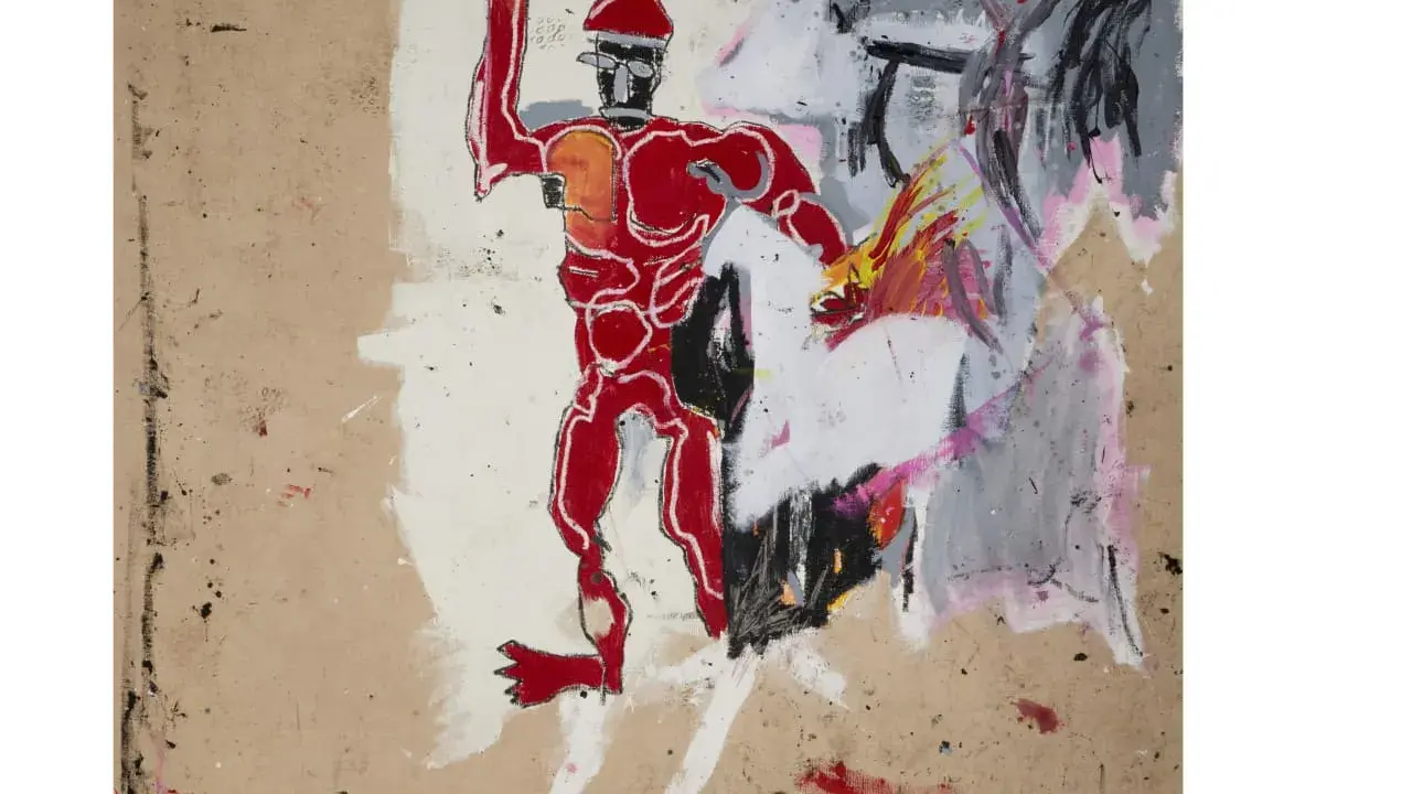 A red warrior, in the style of Basquiat, raises a sword against abstract, fiery chaos.