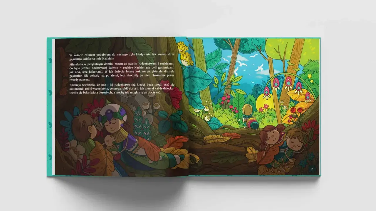 W świecie, gdzie wszystko rozpada się, Nadzieja, mała gąsienica, marzy o przemianie w kokon. Ilustracja przedstawia ją z rodzeństwem w bajkowej scenerii.