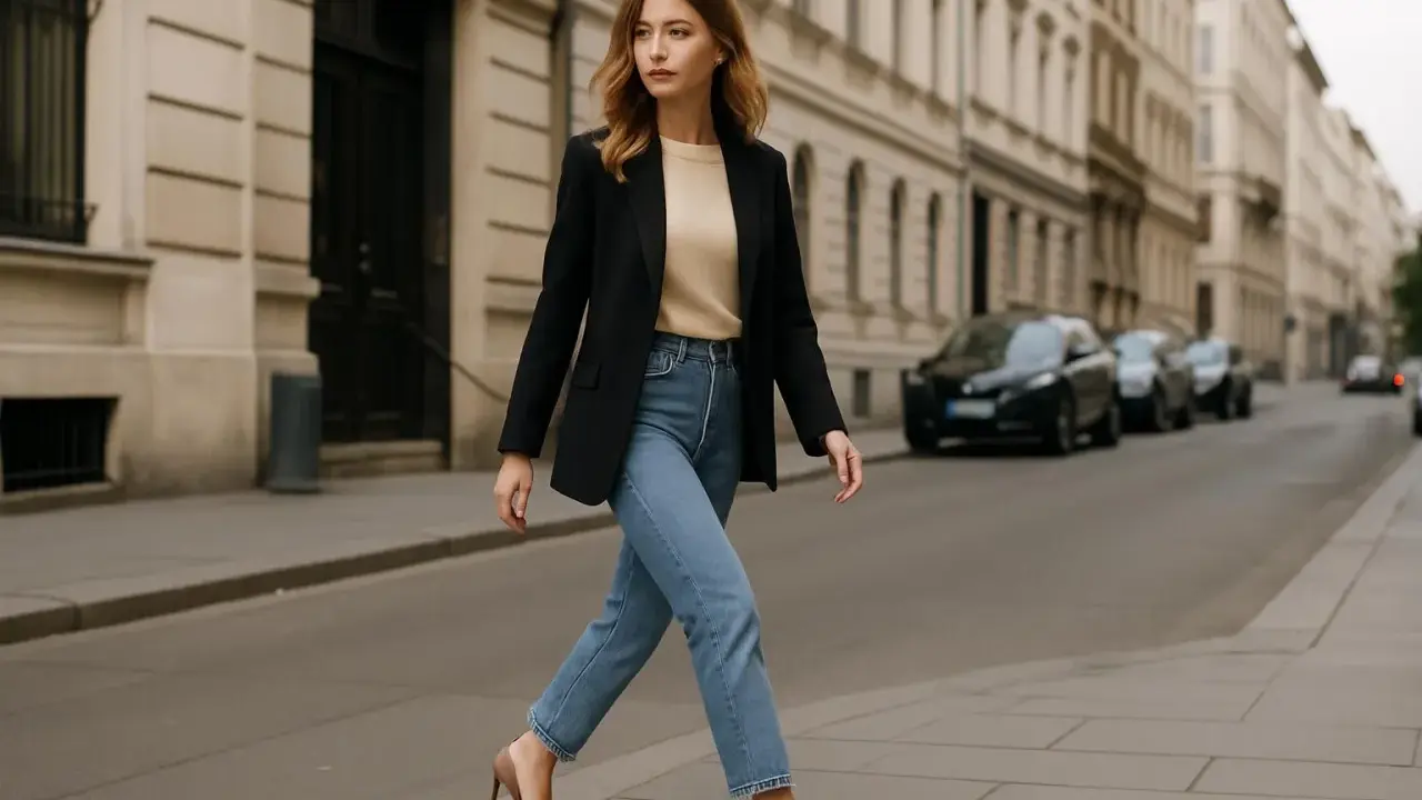 Elegancka kobieta w jasnych jeansach i czarnym blazerze, na nogach beżowe szpilki, idzie ulicą miasta.
