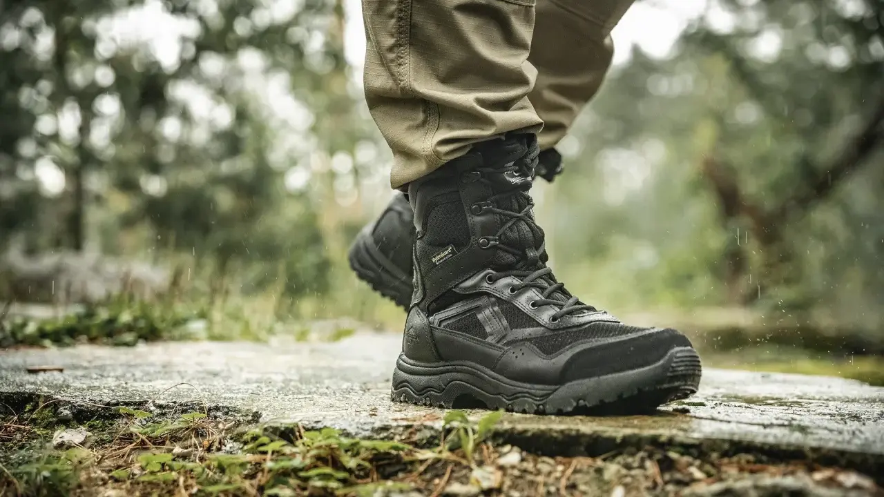 Co to są buty trekkingowe? Czarne, wysokie buty z membraną HydroGuard, idealne na deszczową wędrówkę po lesie.