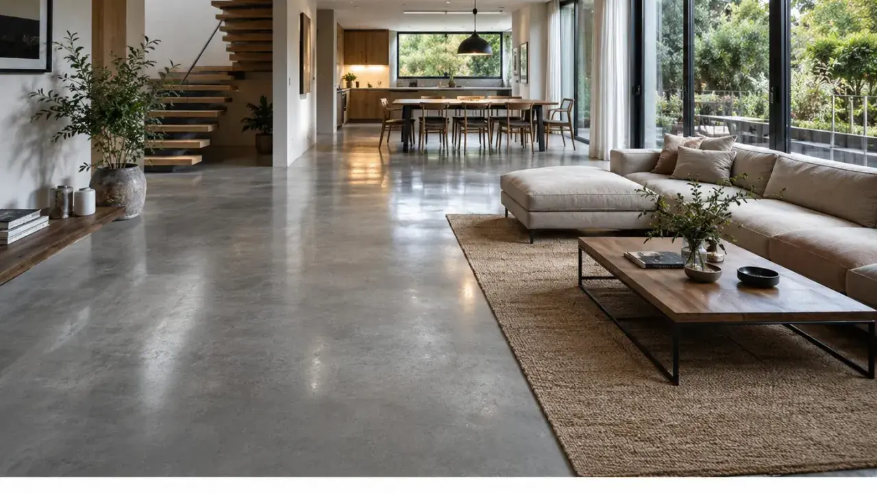 Amplio salón moderno con suelo de hormigón pulido, sofá modular, mesa de centro de madera y escaleras flotantes.