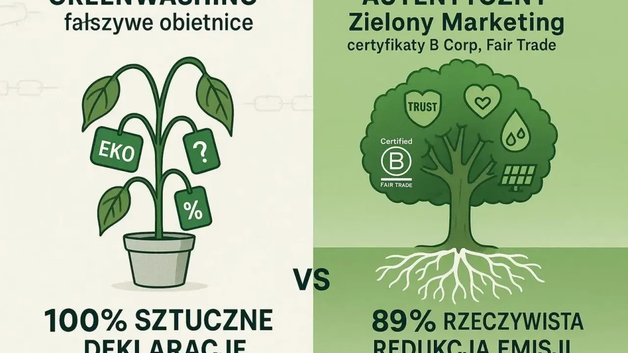 Zielony marketing: z lewej sztuczne deklaracje, z prawej autentyczny, z certyfikatami B Corp i Fair Trade, co oznacza prawdziwą redukcję emisji.