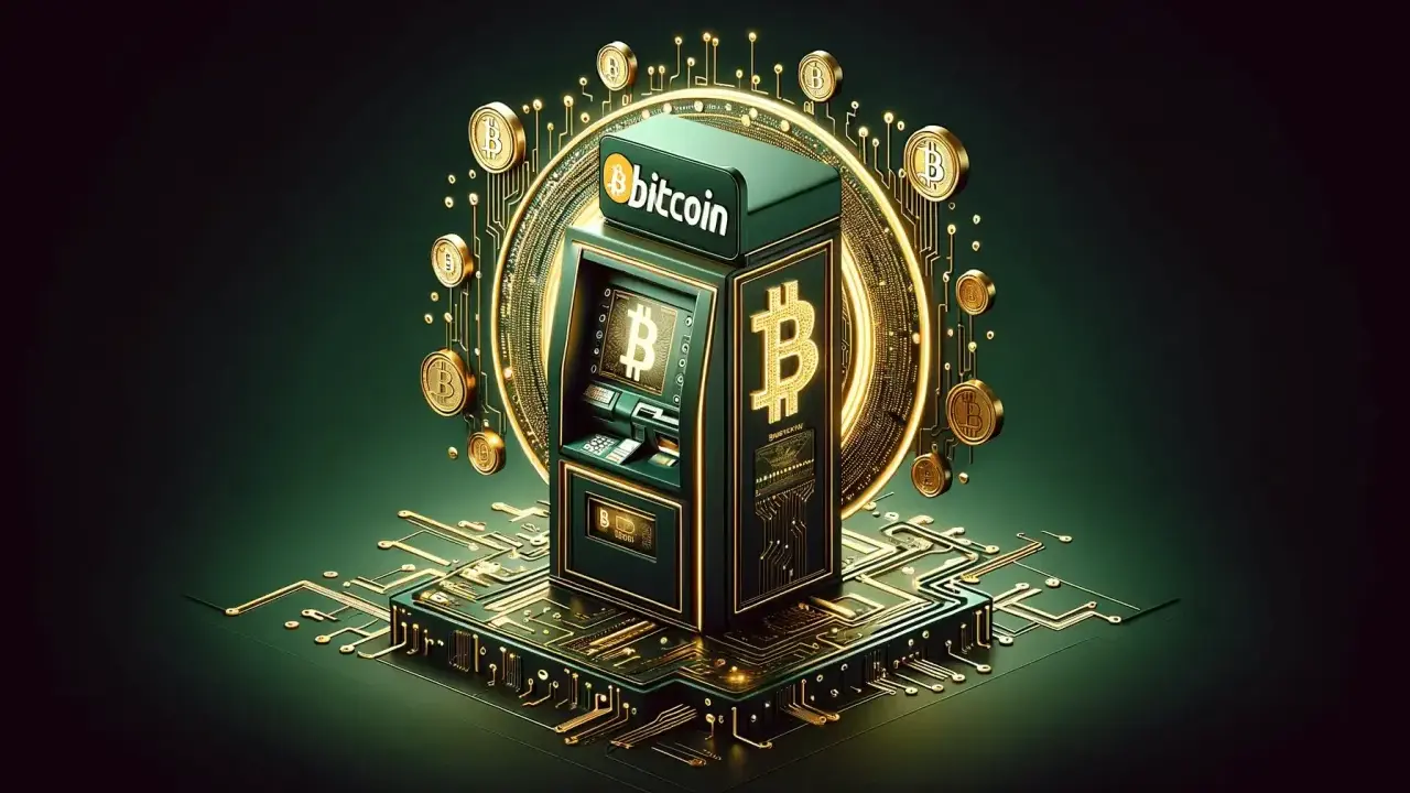 Bitomat, jak działa? Złote monety Bitcoin i obwody drukowane otaczają futurystyczny bankomat.