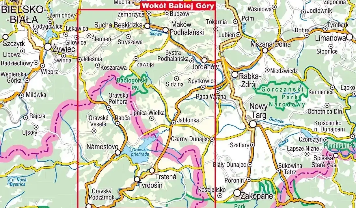 Mapa turystyczna z zaznaczonym obszarem wokół Babiej Góry, obejmującym Beskid Żywiecki, Gorce i Tatry.