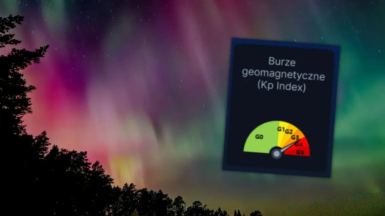 Niesamowita zorza polarna nad lasem, z widocznym wskaźnikiem burz geomagnetycznych.