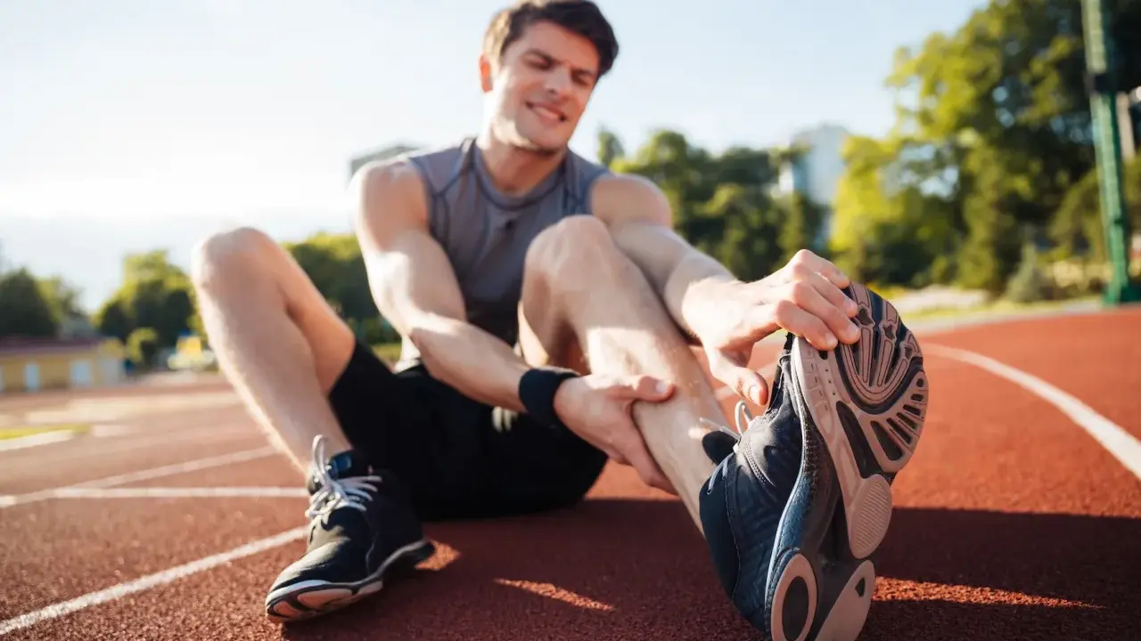 Zawodnik na bieżni z bólem nogi, potrzebuje fizjoterapii sportowej.