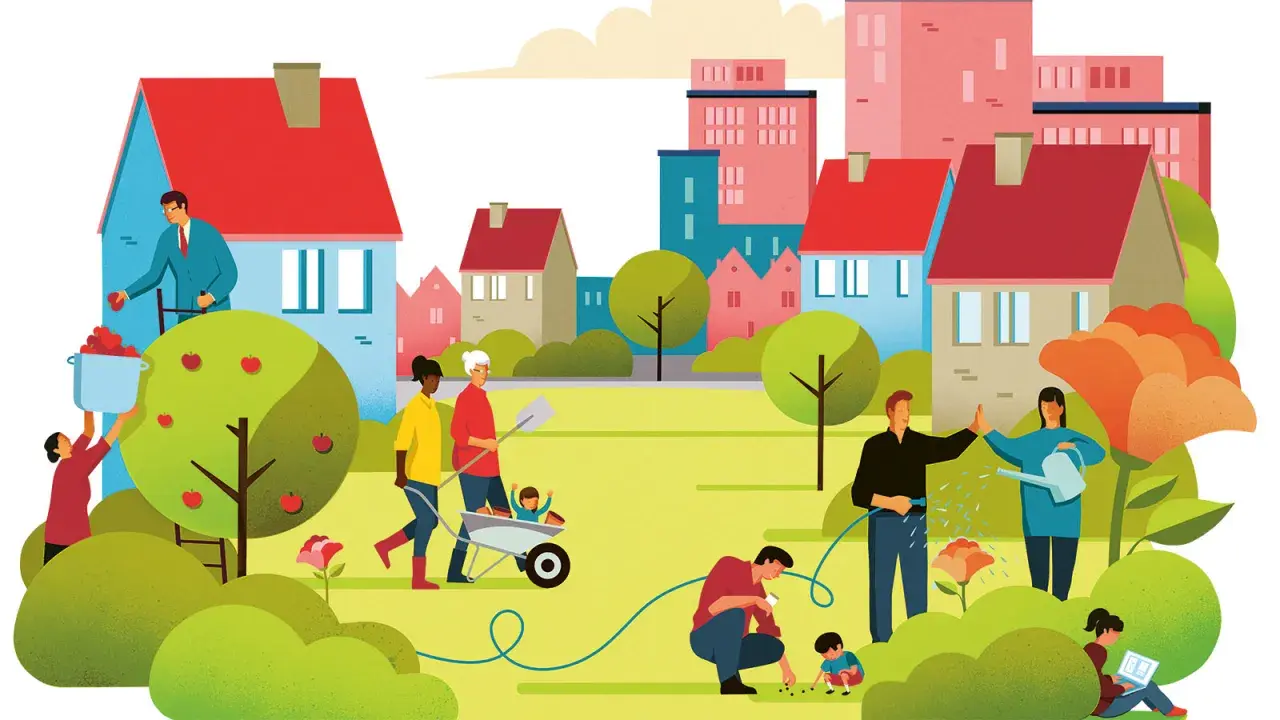 Een diverse gemeenschap werkt samen in een levendige buurt, wat **sociale duurzaamheid** belichaamt. Mensen oogsten appels, verzorgen planten en leren kinderen over de natuur.