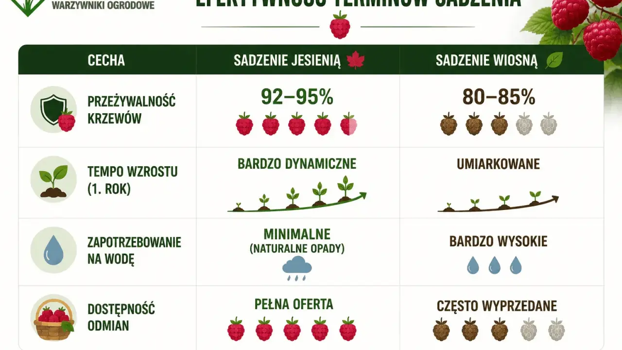 Kiedy sadzić maliny? Jesienią mają lepszą przeżywalność (92-95%), dynamiczny wzrost i pełną ofertę odmian. Wiosną jest umiarkowanie.