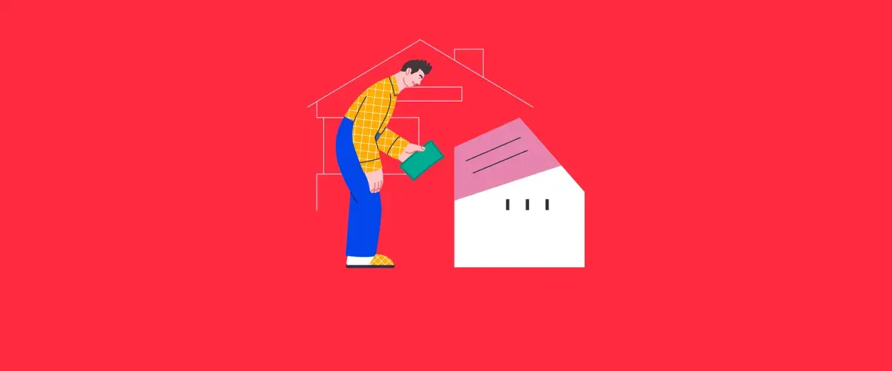 Hombre con dinero verde planea sus gastos compra vivienda, construyendo una casa estilizada.