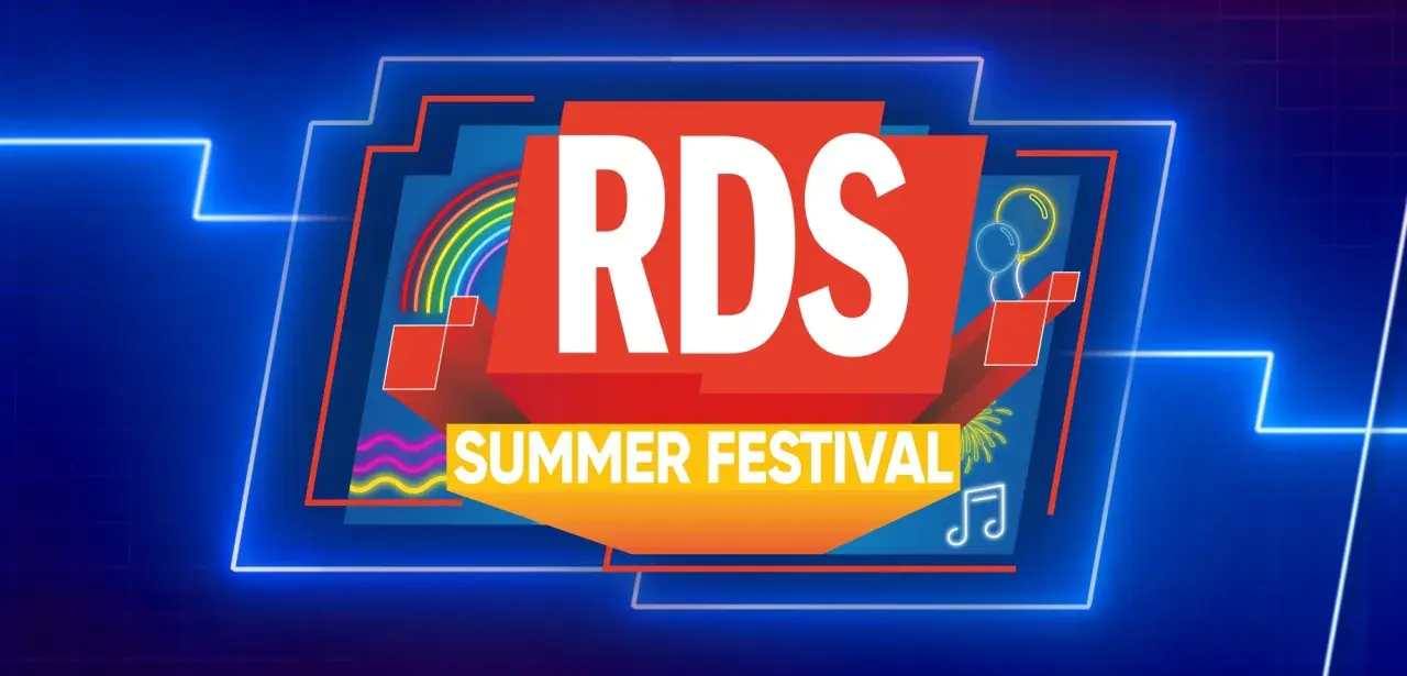 Grafica colorata con logo RDS Summer Festival. Ottieni i tuoi biglietti per un'estate di musica e divertimento!
