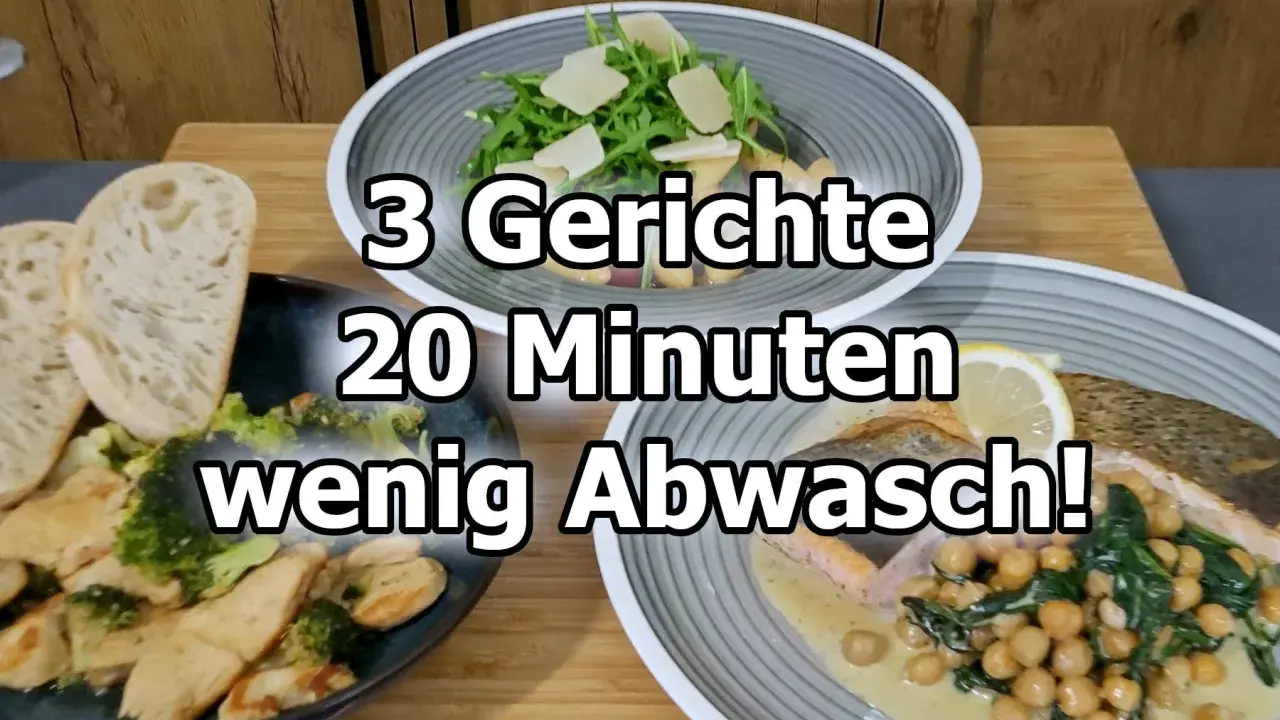 Drei schnelle Gerichte, zubereitet in 20 Minuten mit wenig Abwasch: Hähnchen mit Brokkoli, Lachs mit Kichererbsen und ein Salat.