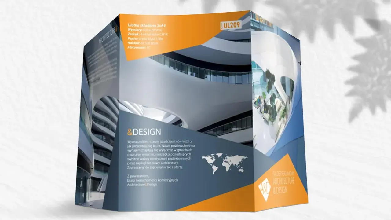 Trójwymiarowa ulotka reklamowa prezentująca nowoczesną architekturę. Różne rodzaje ulotek mogą tak wyglądać.