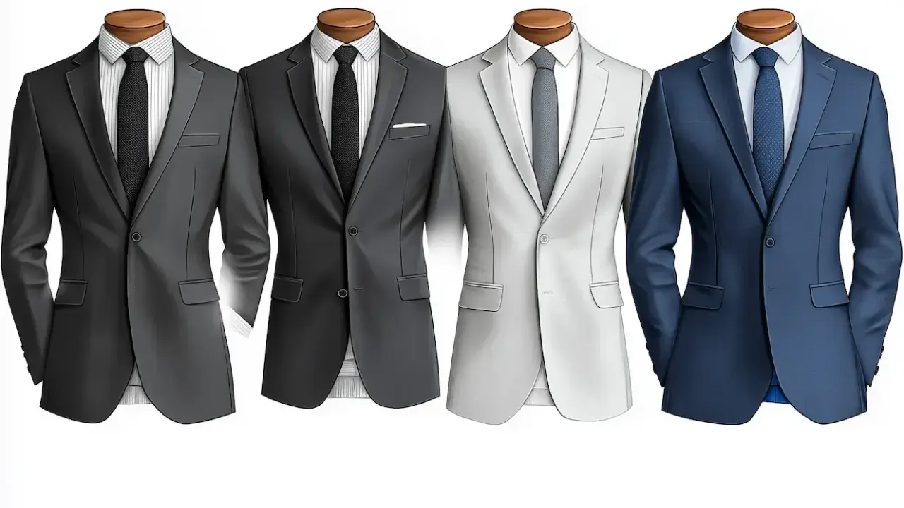 Four mannequins display suits: two dark grey, one light grey, and one blue. Lapels, buttons, and pockets define what makes a suit a suit.