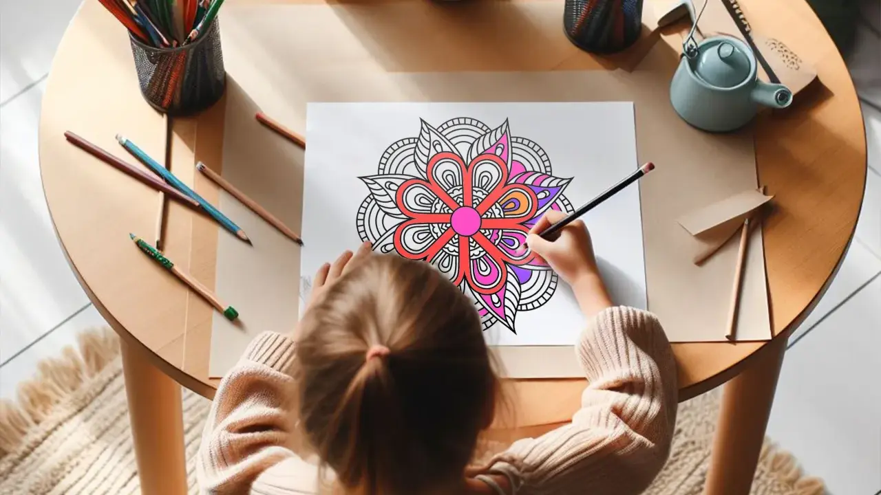 Ett barn sitter vid ett runt bord och färglägger en mandala med färgpennor.