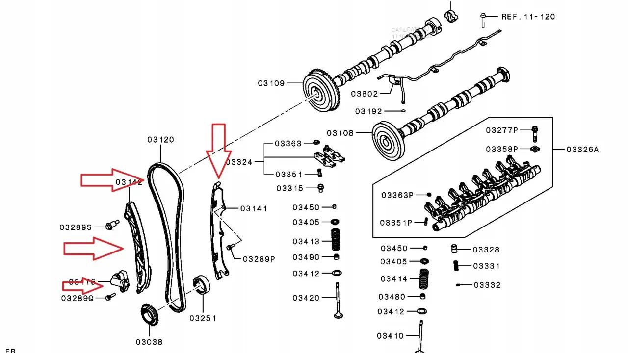 Schemat części silnika Mitsubishi Lancer 1.8 MIVEC, ilustrujący elementy potrzebne do wymiany rozrządu, w tym pasek i napinacze.