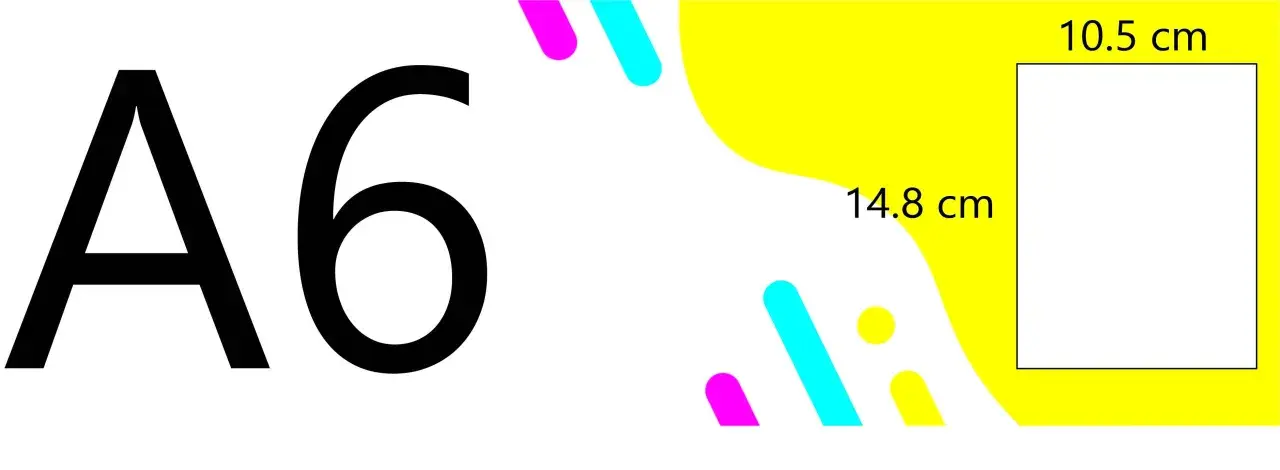 El gráfico muestra "A6" y un recuadro con las medidas 10.5 cm x 14.8 cm, indicando el tamaño papel A6.