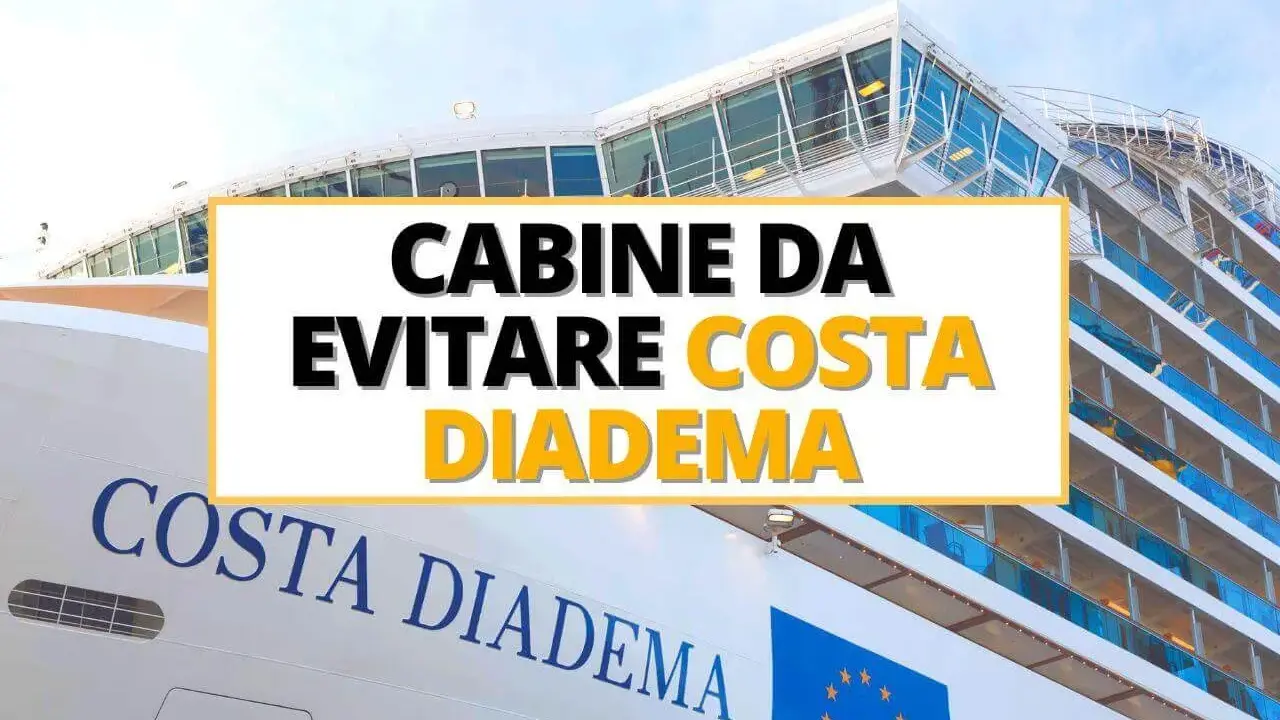Cabine da evitare sulla Costa Diadema. La nave da crociera vista da vicino, con il nome ben visibile.