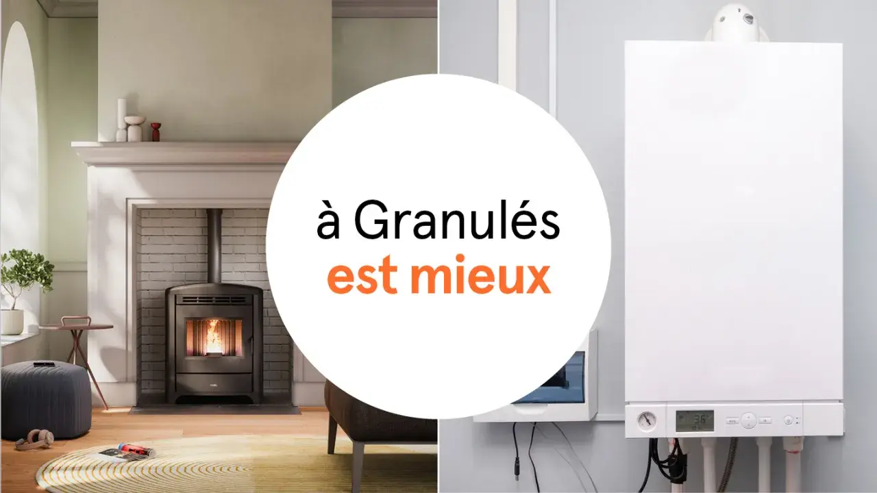 Comparaison de deux systèmes de chauffage : un poêle à granulés moderne dans un salon cosy et une chaudière murale blanche. Le chauffage à granulés est mis en avant.