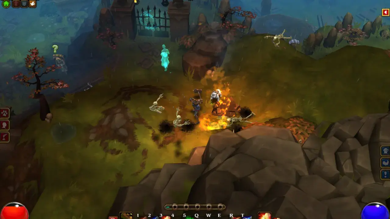 Gracz w grze typu hack and slash walczy z szkieletami w płomieniach.