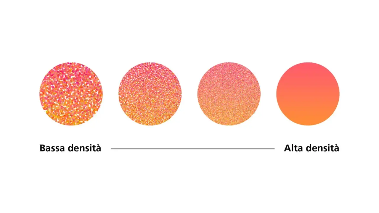 Cerchi con gradiente da rosa ad arancio, da bassa ad alta densità di puntini, creati in 300 dpi Photoshop.