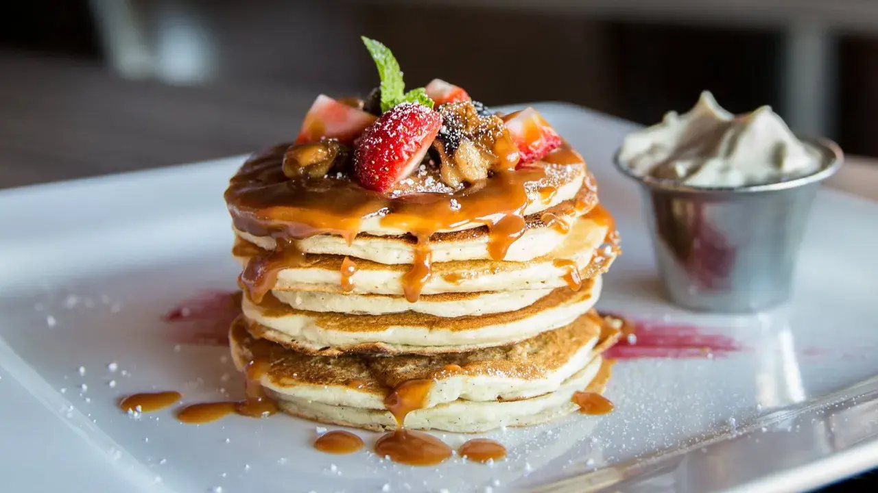 Pancakes con sciroppo d'acero, fragole e panna. Il dulcis in fundo significato di una colazione perfetta.