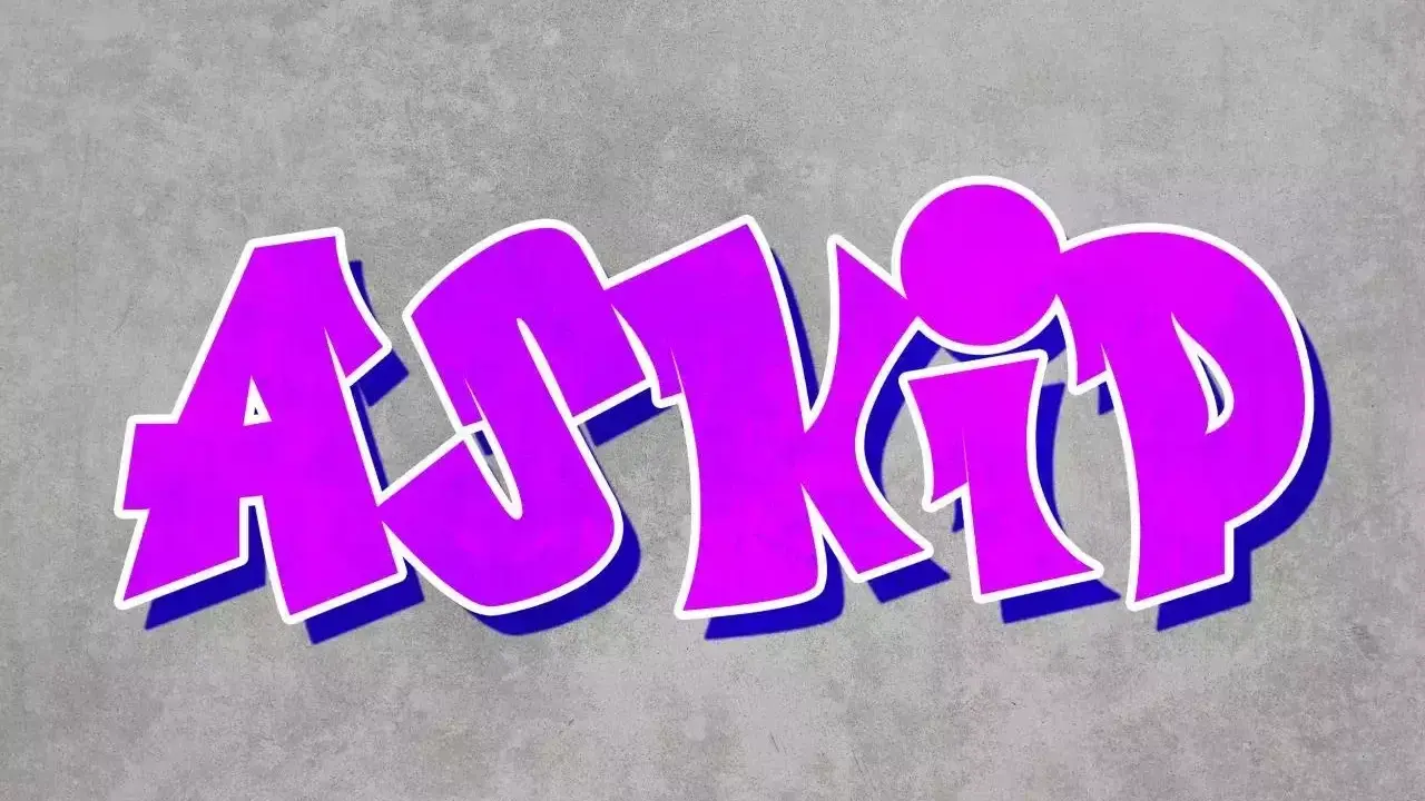 Graffiti violet "ASKIP" sur fond gris. Askip, c'est le mot qui fait le buzz, ici stylisé en lettres audacieuses.