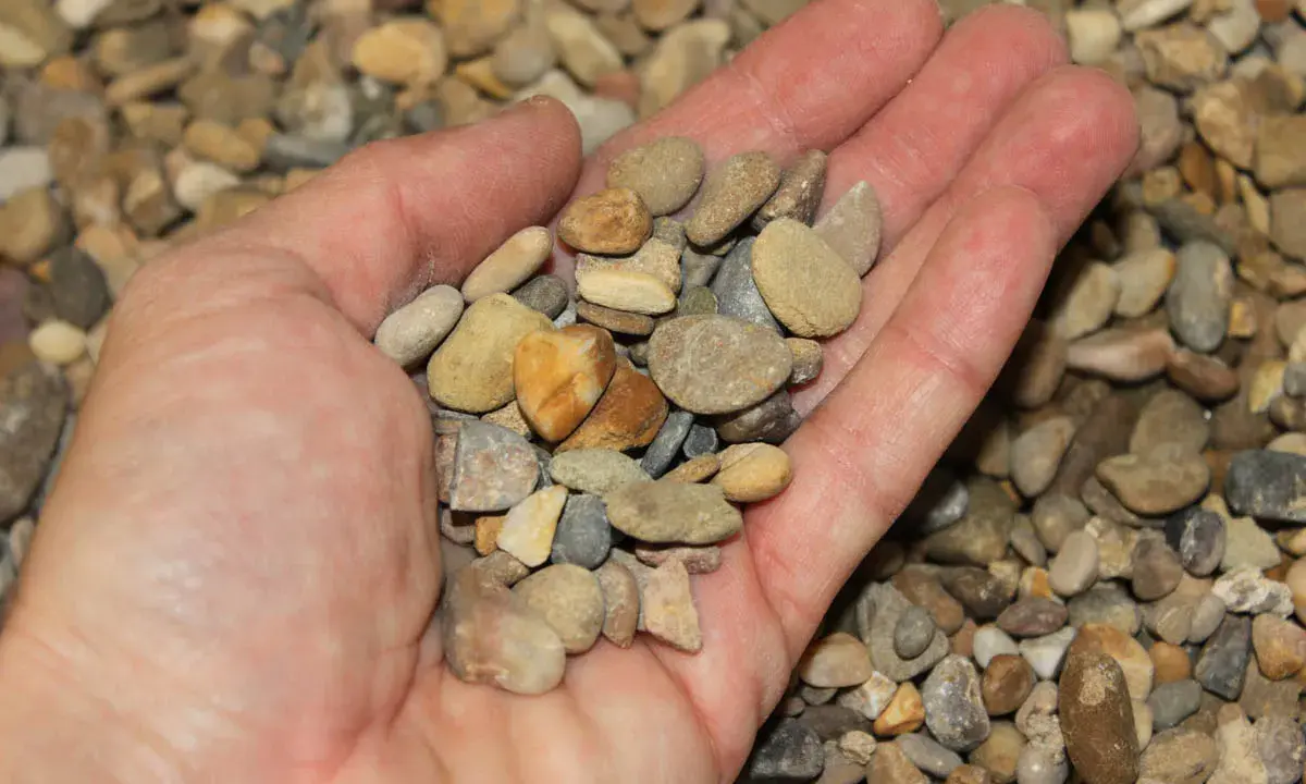 Mano sosteniendo una variedad de guijarros, mostrando que son los áridos, pequeños fragmentos de roca y minerales.