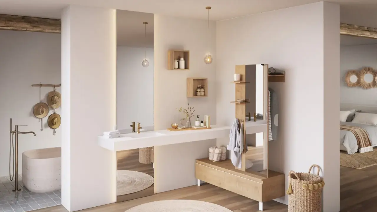 Chambre parentale avec salle de bain épurée, baignoire îlot, double vasque et dressing intégré. Ambiance zen et naturelle.