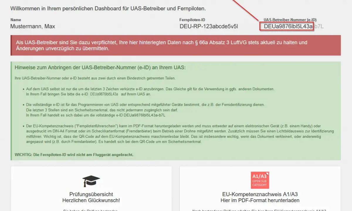 Hier sehen Sie Ihre UAS-Betreiber-Nummer. Sie müssen diese registrieren, um Ihre Drohne gesetzeskonform zu betreiben.