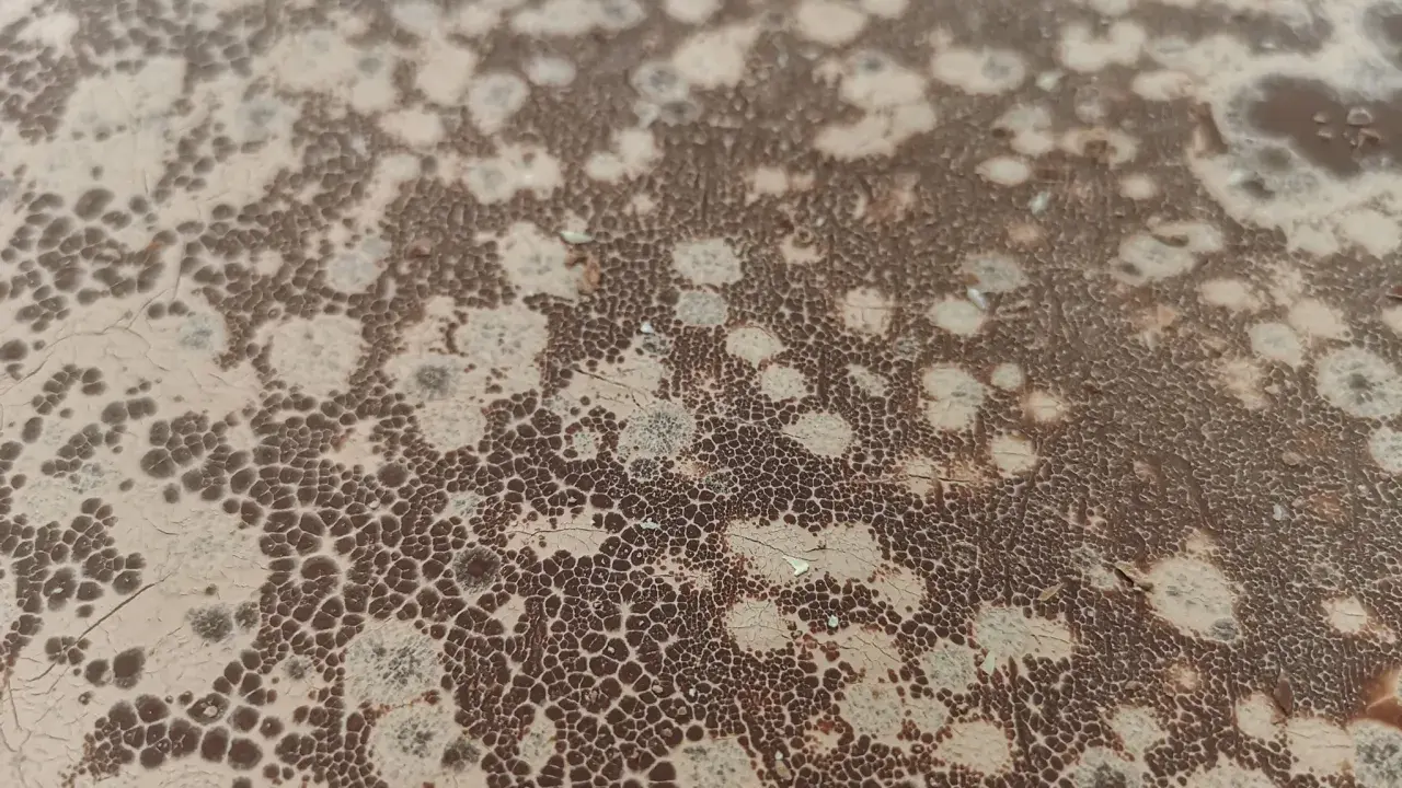 Texture craquelée marron et beige, rappelant un point blanc chocolat, avec des motifs aléatoires et des petites bulles.