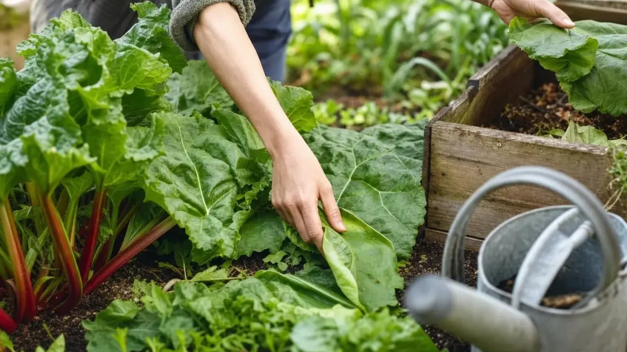 Main de jardinier manipulant de grandes feuilles vertes de rhubarbe, près d'une caisse en bois et d'un arrosoir. Le purin de rhubarbe est un excellent engrais naturel.
