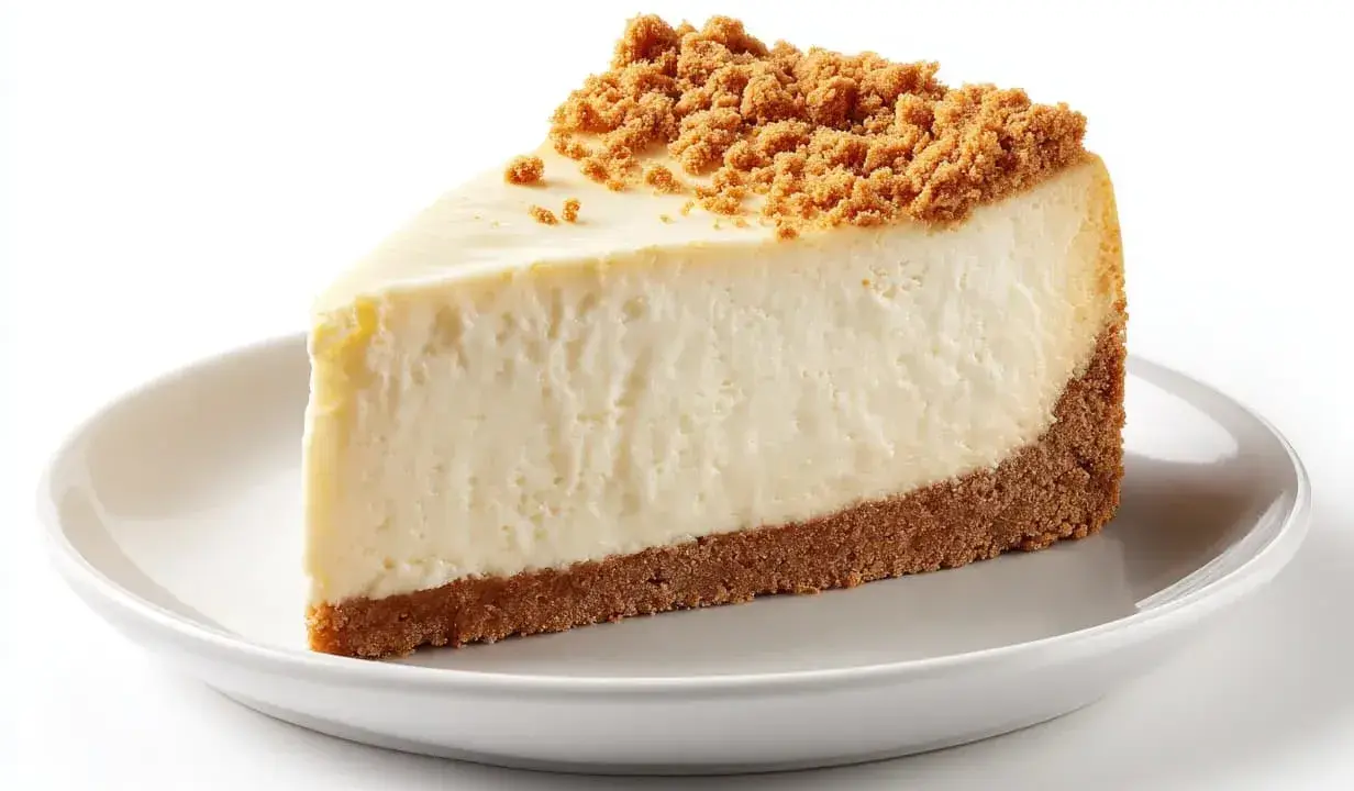 En krämig bit cheesecake med kexbotten och smulor på toppen. Perfekt för ett enkelt cheesecake recept.