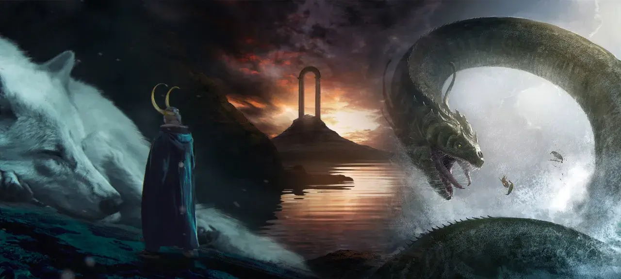 Ein weißer Wolf, ein Mann mit Hörnerhelm und ein riesiger Drache im Wasser. Dies ist ein Bild, das zeigt, was ist Mythologie: alte Geschichten voller Magie und Monster.