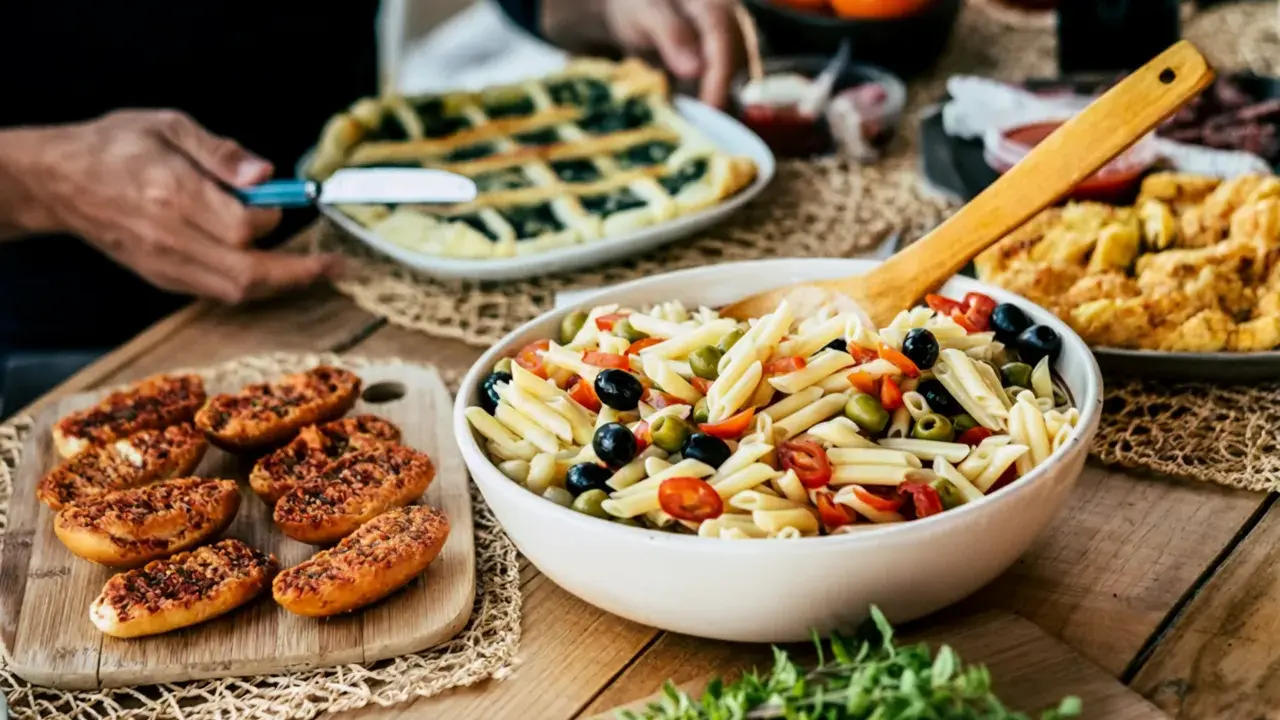 Pyszna sałatka makaronowa z oliwkami i pomidorkami, obok pieczywo i świeże oregano. Idealne na letni obiad, pokazujące co zrobić z oregano.