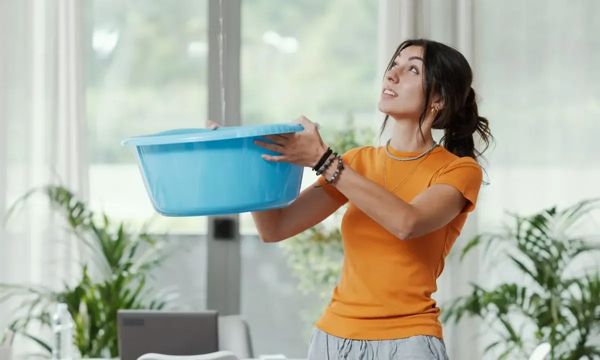 Une femme tente de contenir une fuite d'eau avec un bac bleu, visiblement exaspérée par le dégât des eaux voisin récalcitrant.