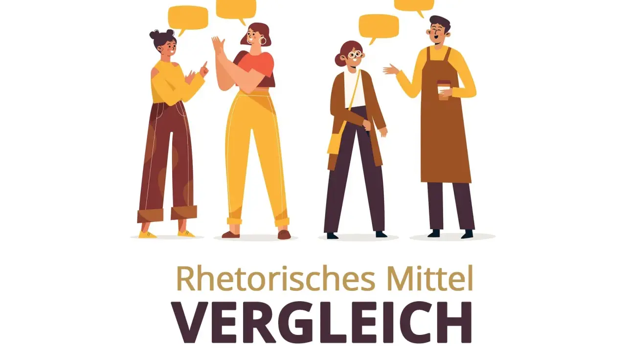 Vier Personen im Gespräch, wie bei einem Vergleich. Ein Stilmittel, das wie eine Simile im Deutschen wirkt.