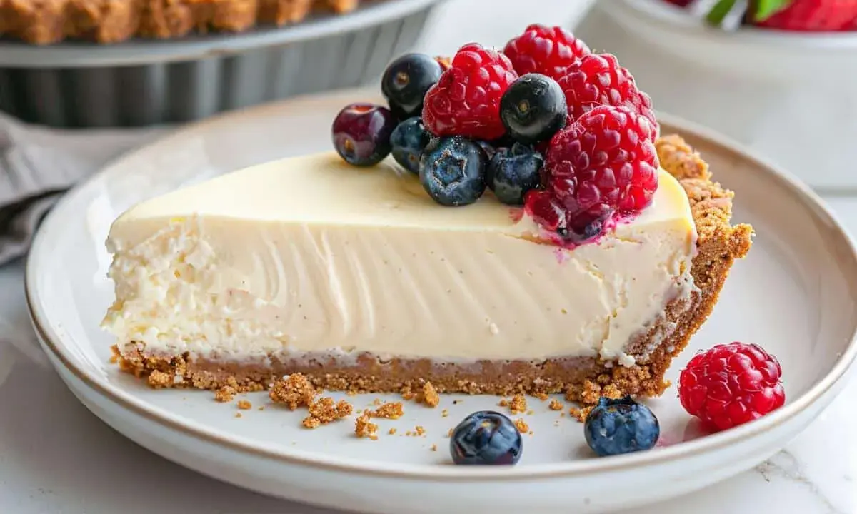 Tranche de cheesecake sans cuisson garnie de fruits rouges frais.