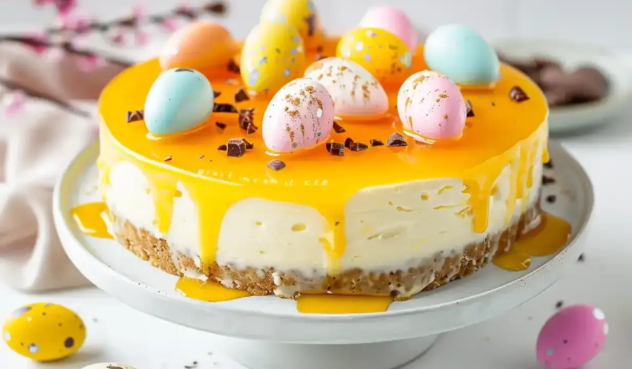 En läcker cheesecake påsk med gul glasyr och dekorerade påskägg. Perfekt för påskfirandet!