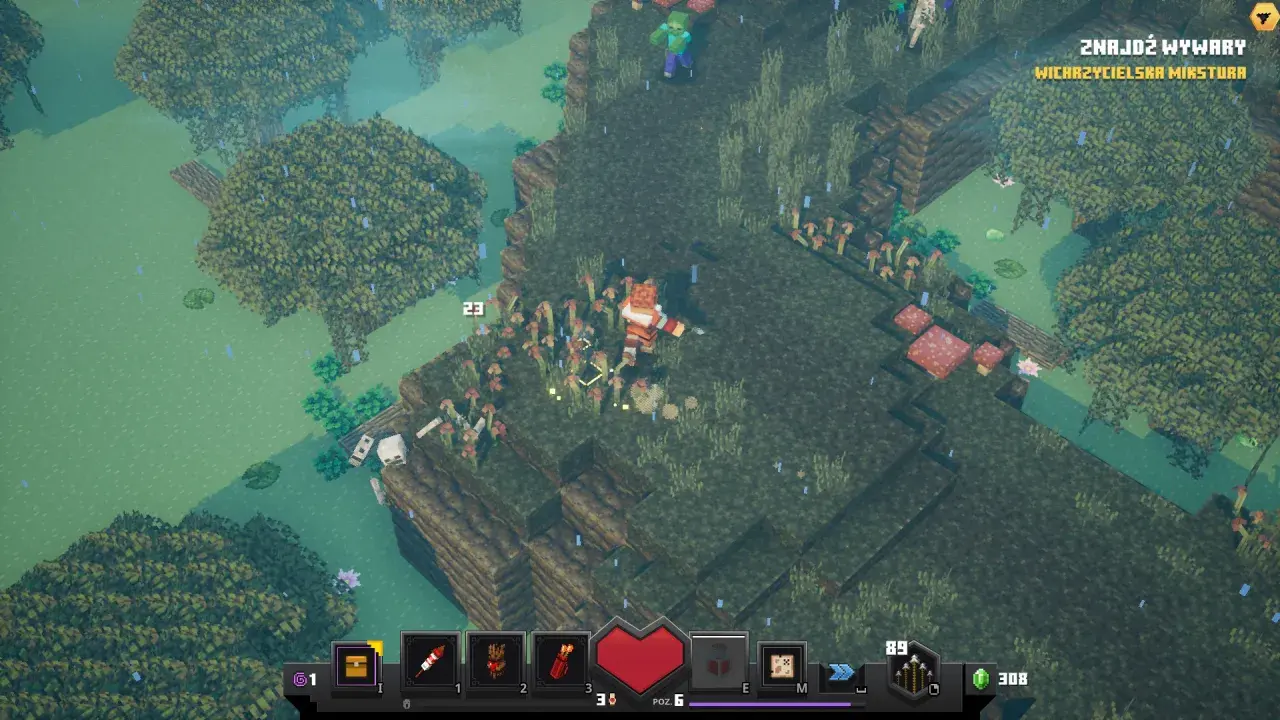 Gracz w grze Minecraft Dungeons walczy z potworami na bagnach, zbierając mikstury.