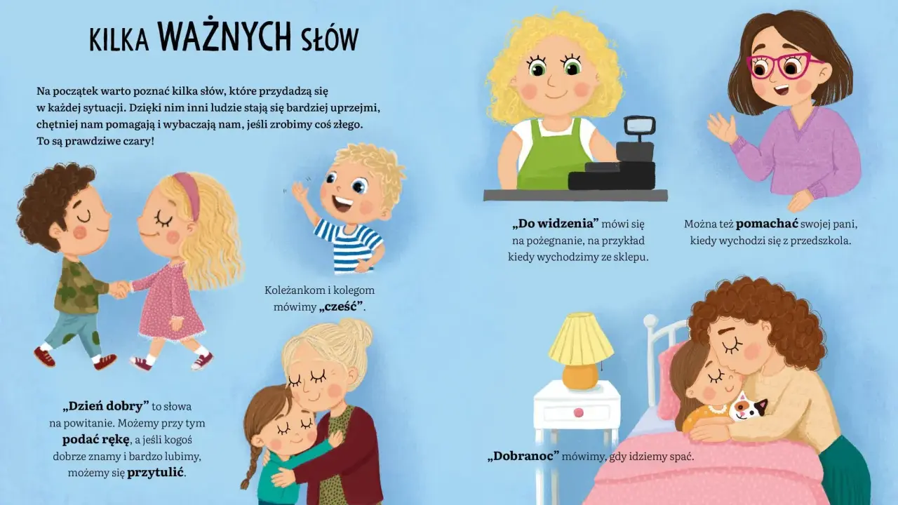 Dobre maniery dla dzieci: przytulanie, podawanie ręki, mówienie "cześć", "dzień dobry", "do widzenia" i "dobranoc".