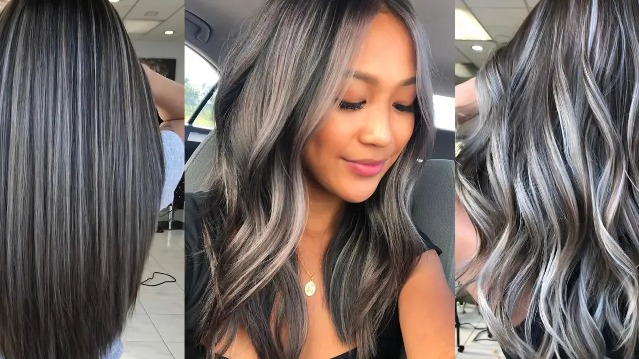 Tres estilos de cabello oscuro con mechas plateadas y grises para disimular canas.