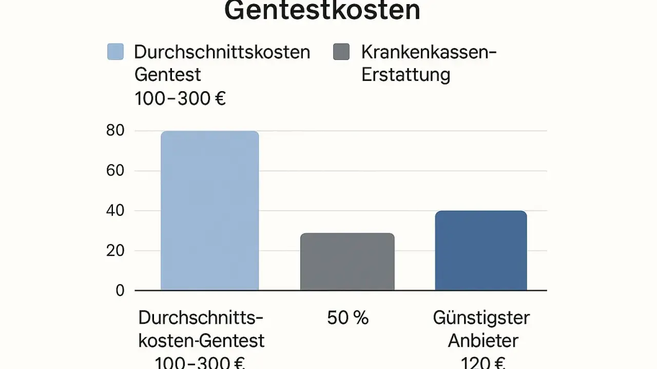 Grafico sui costi del test genetico: costo medio 100-300€, rimborso assicurazione 50%, offerta più economica 120€.