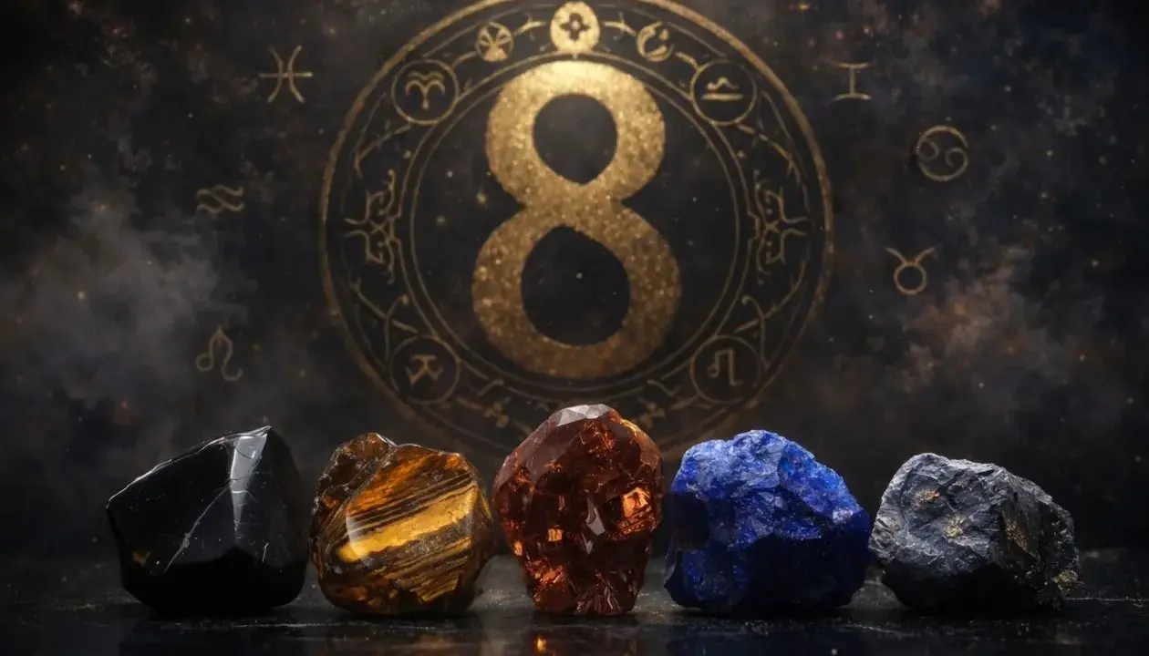 Pięć kryształów przed złotym znakiem nieskończoności i zodiaku. Numerologiczna 8 symbolizuje moc i równowagę.