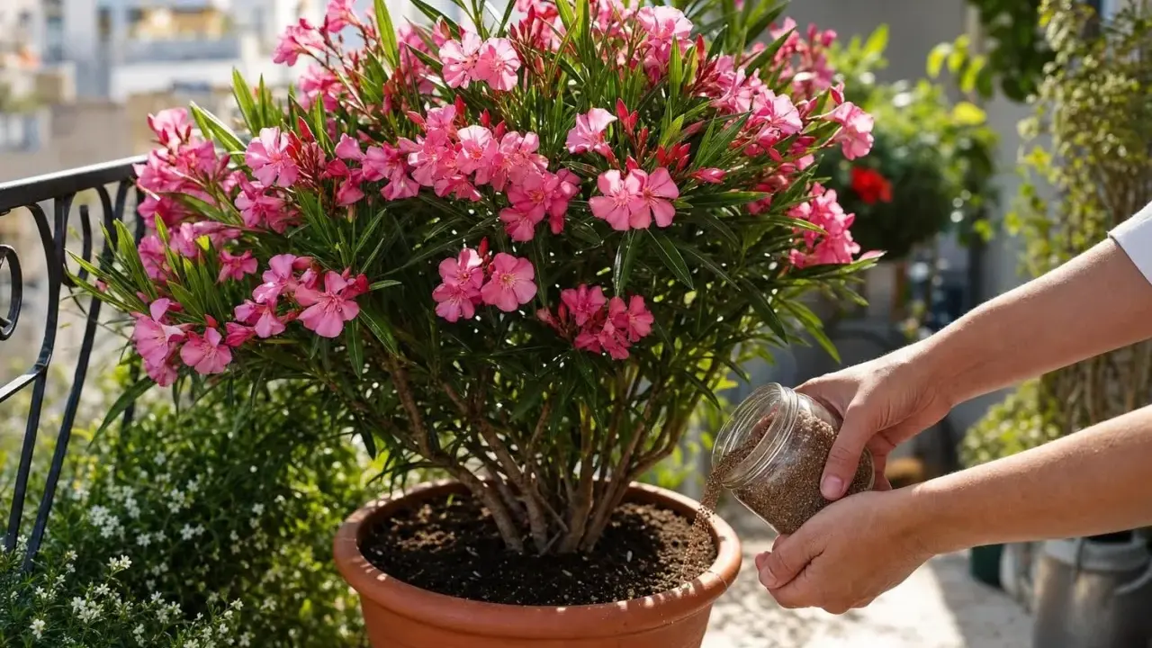 Des mains versent des granulés dans le terreau pour laurier rose, assurant une floraison éclatante sur le balcon.
