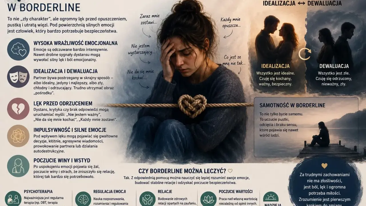 Lęk przed odrzuceniem w borderline: intensywne emocje, idealizacja/dewaluacja partnera, impulsywność, poczucie winy. Możliwa terapia.