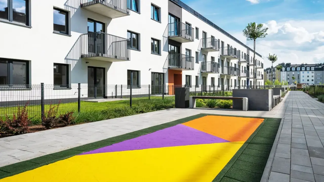 Nowoczesne osiedle z balkonami i kolorowym placem zabaw. Powierzchnia użytkowa i mieszkalna w harmonii z zielenią.
