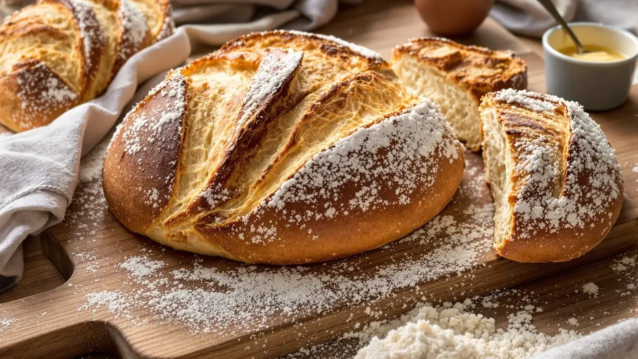 Une brioche au levain, mie filante, saupoudrée de farine, sur une planche en bois. Du beurre et de la confiture sont à proximité.