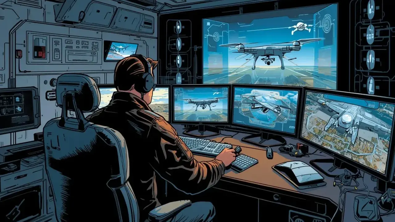 Operator drona zarobki: mężczyzna w słuchawkach steruje dronami na wielu monitorach, analizując dane lotu i mapy.