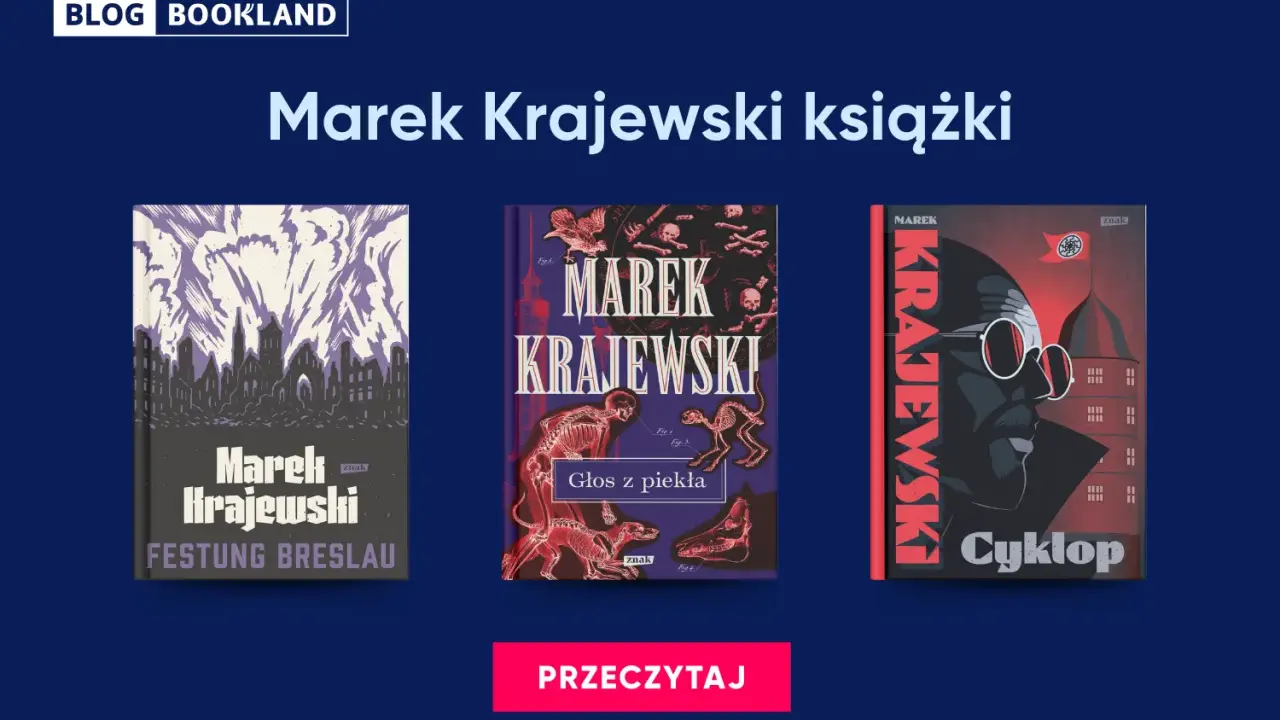 Okładki książek Marka Krajewskiego: "Festung Breslau", "Głos z piekła", "Cyklop". Kolejność czytania tych kryminałów może być dowolna.